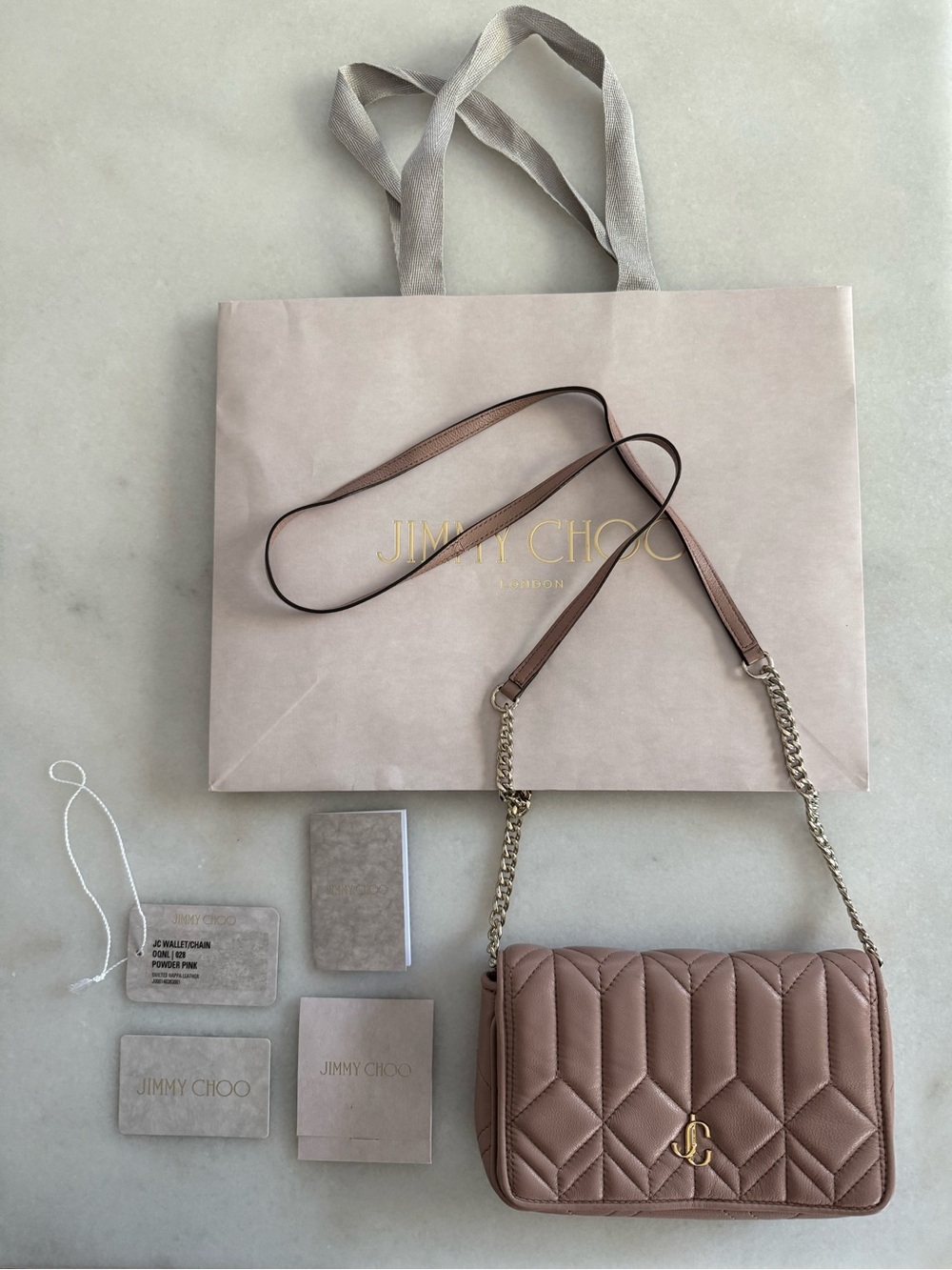 Jimmy Choo JC Wallet/Chain Crossbody Bag Powder Pink Quilted Nappa Leather